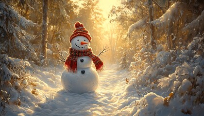 Fototapeta premium Playful snowman with a cheerful face, adorned with a handknit scarf and hat, set in a snowy pine forest, warm golden light peeking through the trees