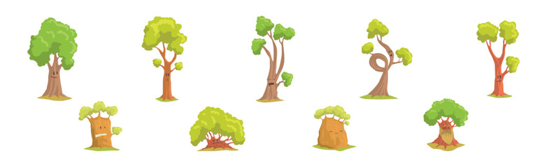 Cute Tree Character with Trunk and Green Crown Have Face Vector Set