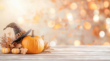 A festive autumn scene featuring pumpkins, a witch's hat, and warm bokeh lights, evoking a cheerful Halloween atmosphere.