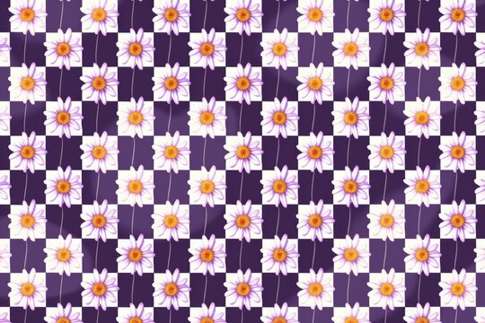 A colorful and cheerful floral design featuring purple and white checkered pattern with daisies