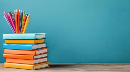 Stack of colorful notebooks with highlighters and paperclips on a wooden desk, perfect for school stationery advertisements