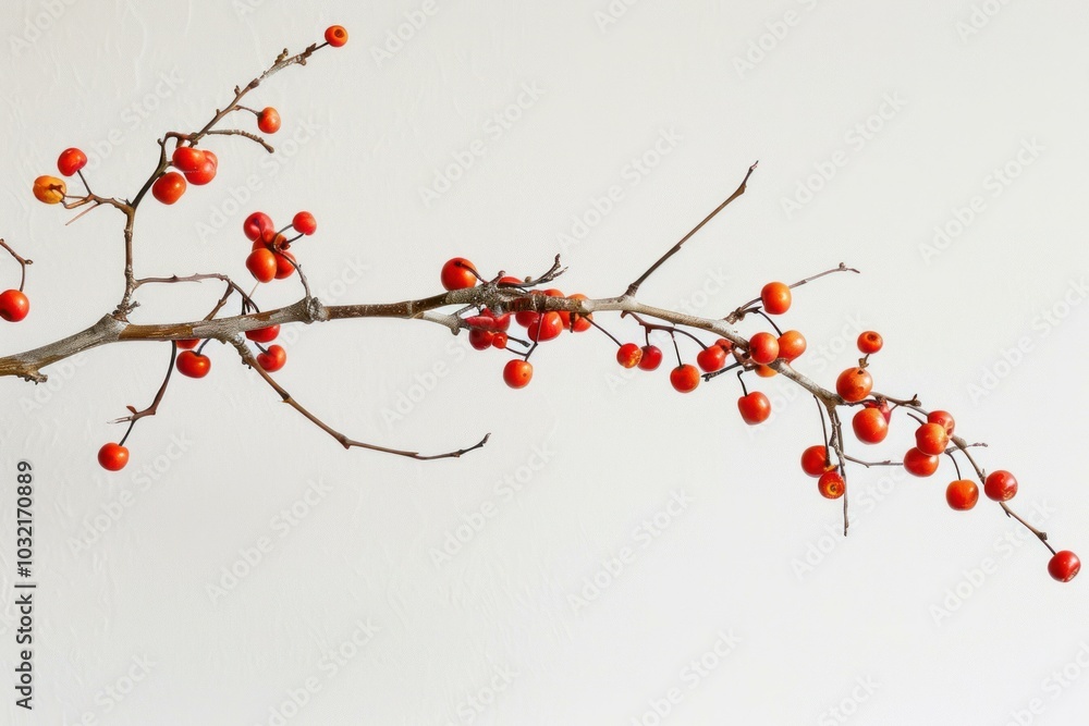 Poster branch with small red berries is hanging in front of a white background