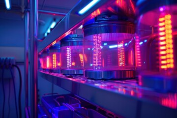 Glass containers with liquid are illuminating with red and blue lights standing on a metal shelf in a modern laboratory