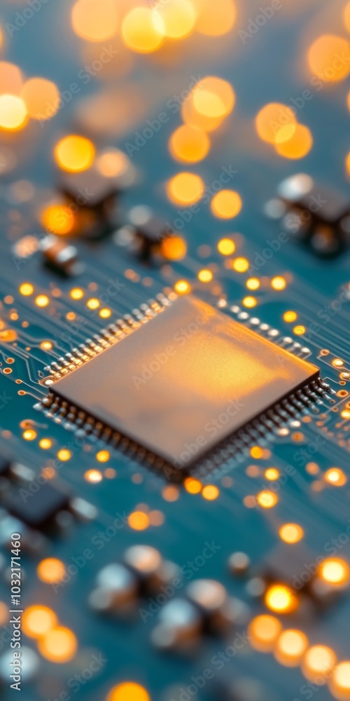 Fototapete close-up circuit board macro with glowing elements and metallic components