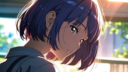 Naklejka premium anime girl ties her colored hair, graceful and charmingly beautiful.