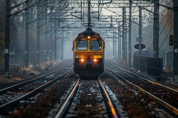Yellow locomotive approaching on train tracks on a foggy day with overhead electrical wires