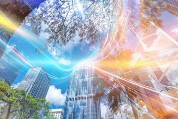 A low angle view of modern buildings with a blue sky and white clouds, lit with bright blue and orange light streaks.