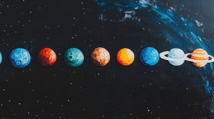 A depiction of the solar system with planets painted on stones and placed on a black background with a swirling blue and white nebula in the top right corner.