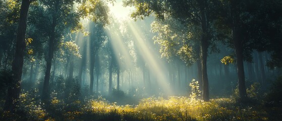 Fototapeta premium A picturesque view of sunlight shining through towering trees in a mystical forest, capturing the essence of serenity in nature landscapes