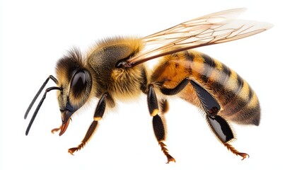A honey bee landing on an isolated background with delicate wings extended