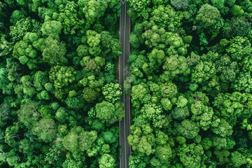 Aerial view of a road surrounded by trees, perfect for use in travel or outdoor-themed projects