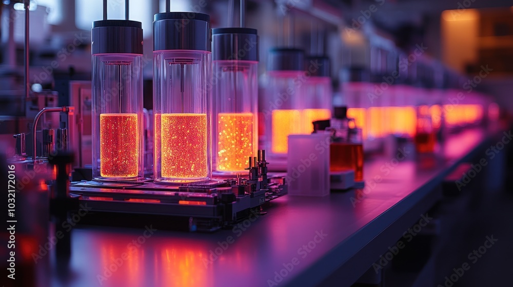 Poster a row of laboratory beakers filled with a glowing orange liquid on a counter illuminated in pink and