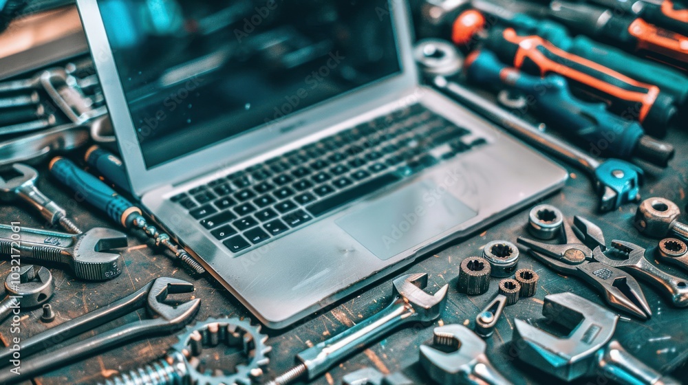 Poster laptop and assorted tools on a workbench