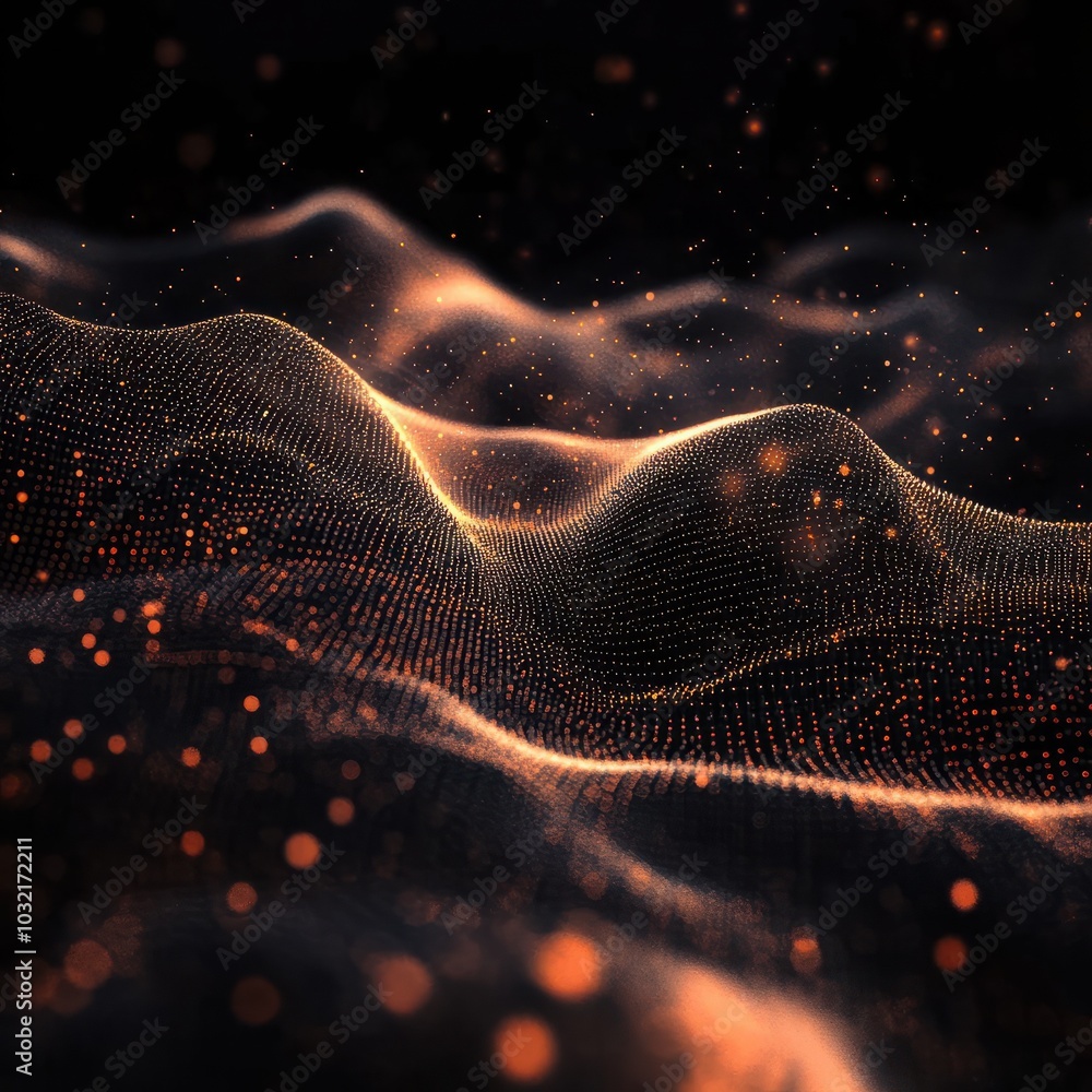 Poster abstract particles wave flow with depth of field and bokeh in dark background