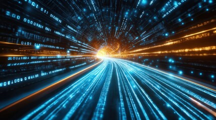 Abstract road with blue light trails , data transfer speed and digitization concept