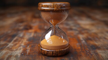 A wooden hourglass with sand flowing, symbolizing the passage of time.