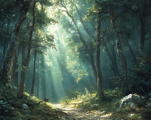 Obraz premium A serene nature landscape featuring sunlight filtering through towering green trees in a mystical forest, creating an enchanting atmosphere