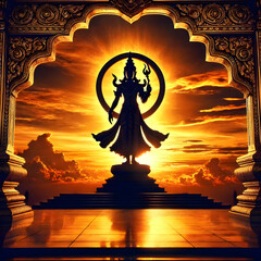 Eternal Majesty: Divine Deity Silhouetted Against a Vibrant Sunset