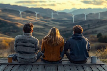 Friends enjoying a scenic sunset view from a rural retreat overlooking wind farms