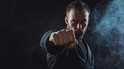 A man in a black karate uniform punches forward with a determined look.