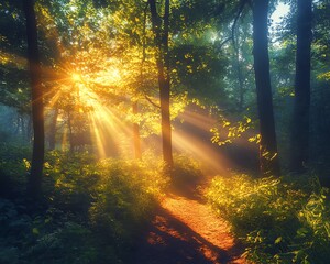Naklejka premium A vibrant forest scene with sunlight breaking through green treetops, creating stunning lens flare in captivating nature photography