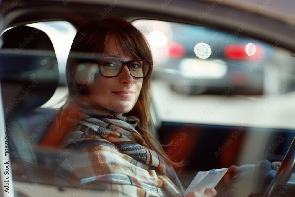 Poster a person sitting in a vehicle with a mobile device, potentially waiting or commuting