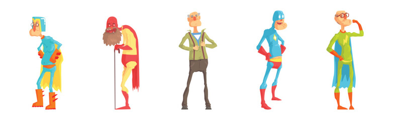 Funny Elderly Man Superhero Wearing Suit and Cape Vector Set