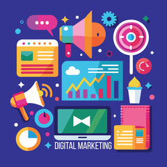 Illustration of a digital marketing related playful and colorful icon banner. Generative AI.