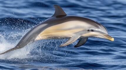 Fototapeta premium A common dolphin leaps out of the water, creating a spray of water droplets.