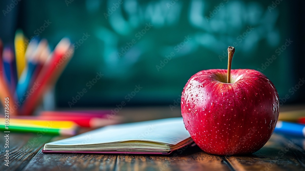 Poster vibrant school table adorned with a shiny red apple an open notebook filled with colorful doodles an