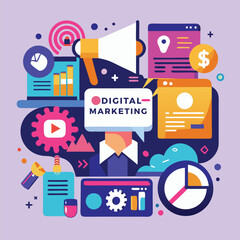 Illustration of a digital marketing related playful and colorful icon banner. Generative AI.