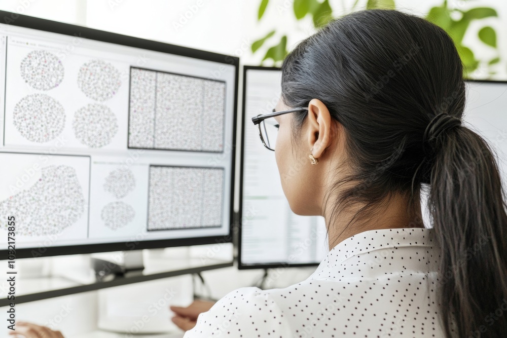 Poster Indian Female Data Scientist Analyzing AI Models on Multiple Screens in Modern Office