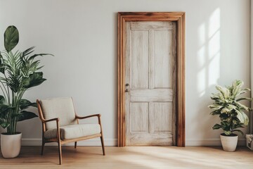 A cozy room with a chair, potted plants, and a door