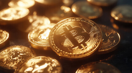 A collection of shiny gold Bitcoin coins stacked on a dark surface, symbolizing cryptocurrency wealth.