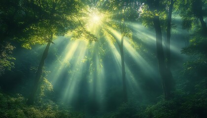 Obraz premium Captivating image of sunlight streaming through vibrant green treetops, showcasing beautiful lens flare in enchanting nature photography