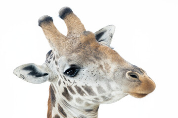 Obraz premium Close-up portrait of an adult male Masai giraffe isolated against a white background from Masai Mara National Reserve, Kenya