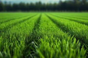 Obraz premium Soft, lush grass glistening with fresh water, creating the perfect setting for a day of sports, fitness, or play, green grass field, refreshing and active space