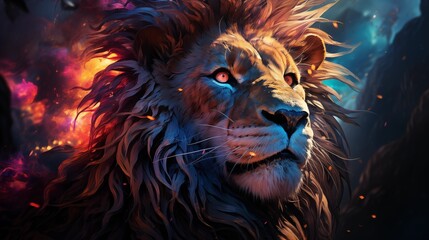Lion, the head of a lion in a multi-colored flame. Abstract multicolored profile portrait of a lion head on a black background.