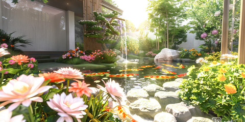 Obraz premium A tranquil meditation garden, filled with flowers and a small koi pond, providing a serene oasis for patients and staff.