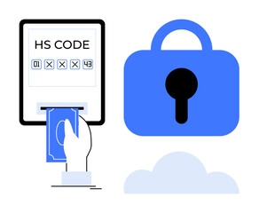 Hand inserting credit card into machine with HS code displayed. Blue padlock and cloud in background. Ideal for online security, e-commerce, finance, encryption, banking systems. Flat modern style