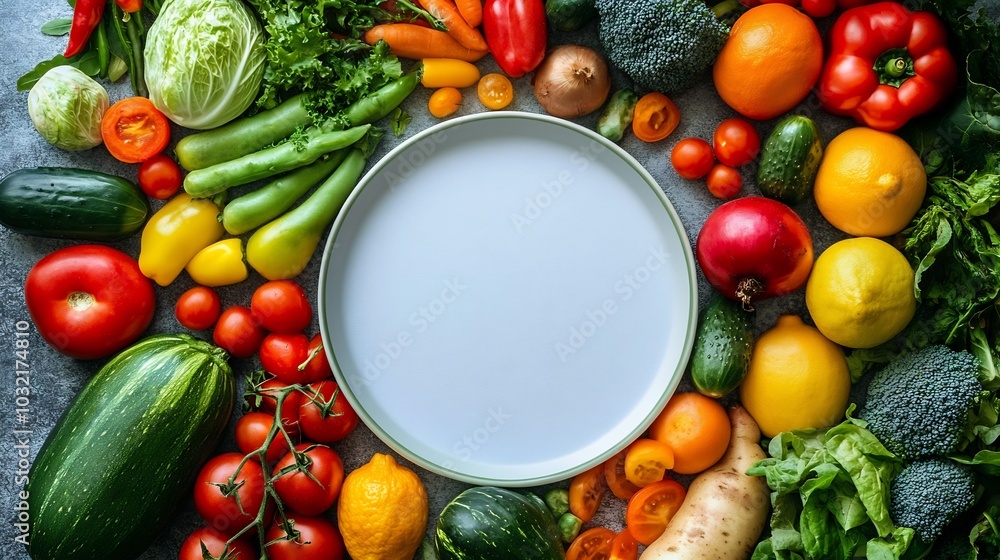 Poster vibrant top view of an array of fresh vegetables and colorful fruits arranged around a blank plate o