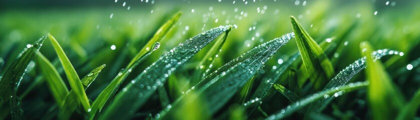 Naklejka premium Soft, lush green grass freshly sprinkled with water, an ideal surface for a casual outdoor workout or yoga session, outdoor fitness, comfort and freshness