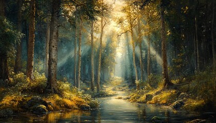 Enchanted forest scene with sunlight filtering through towering trees, highlighting the serene beauty of a mystical nature landscape