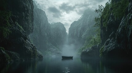 A small boat floats serenely in the center of a peaceful lake or sea