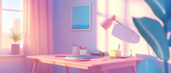 Modern office desk with a focus on simplicity, organized tools, ambient desk lamp, and pastel color accents for visual harmony