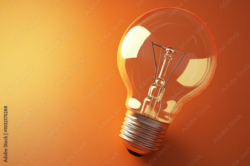 Poster a single light bulb shining brightly on a vibrant orange background, ideal for use in designs and gr