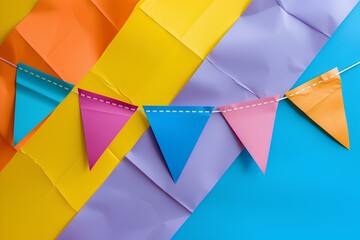 Colorful paper bunting on a bright blue background