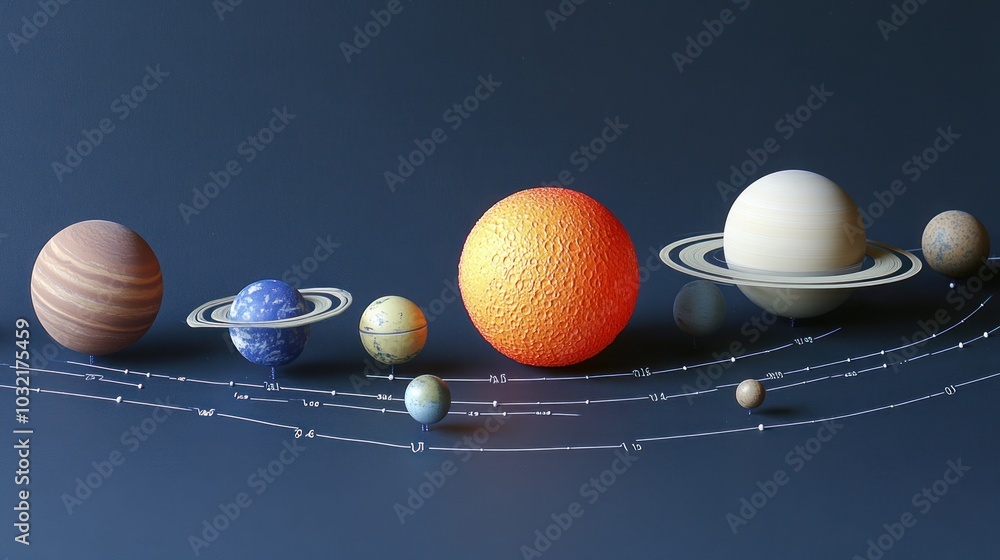 Poster a 3d rendering of the solar system with the sun in the center and all the planets in order, with a b