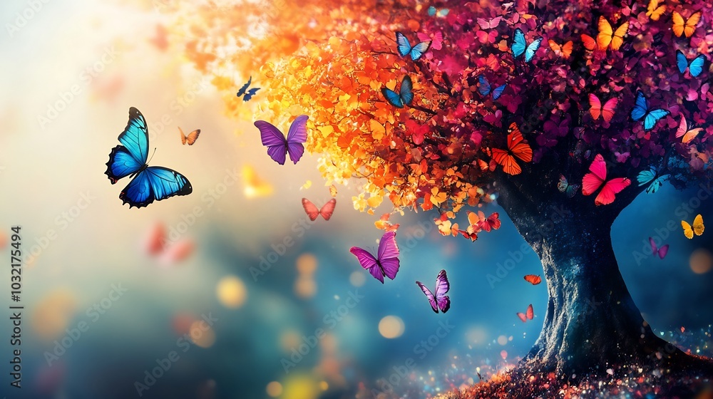 Poster vibrant tree with colorful butterflies fluttering and falling from its branches set against a serene