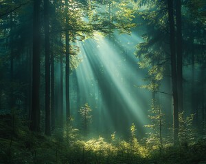 Obraz premium Mystical forest landscape where sunlight filters through tall green trees, creating a serene and tranquil atmosphere in nature photography